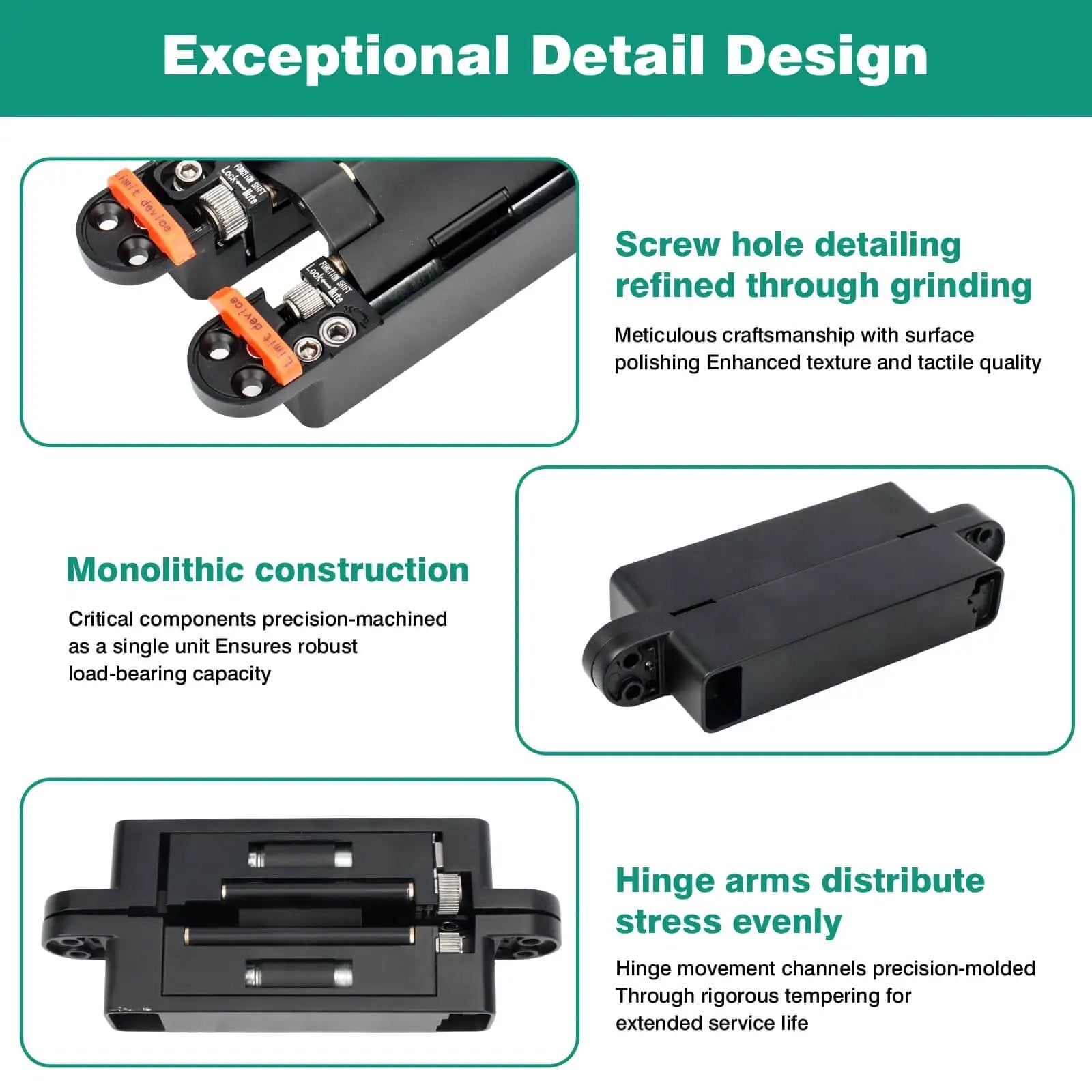 Concealed hydraulic 7-inch door hinges deliver smooth self-closing action with detailed screw holes and monolithic construction.