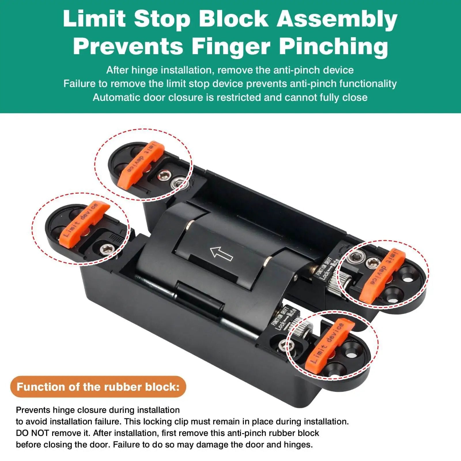 Concealed hydraulic 7-inch door hinges with limit stop block assembly for smooth self-closing action.