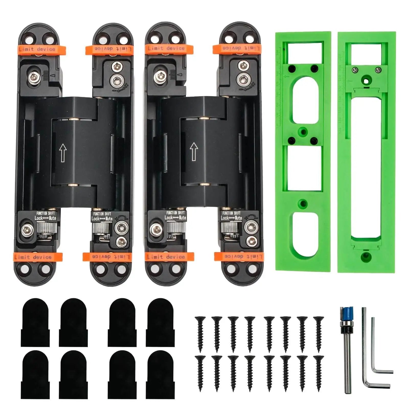 Concealed hydraulic 7-inch door hinges with screws, green installation guides, and tools, showing adjustable tension feature