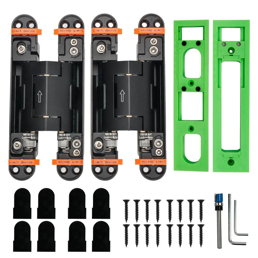 Concealed hydraulic 7-inch door hinges with screws, green installation guides, and tools, showing adjustable tension feature