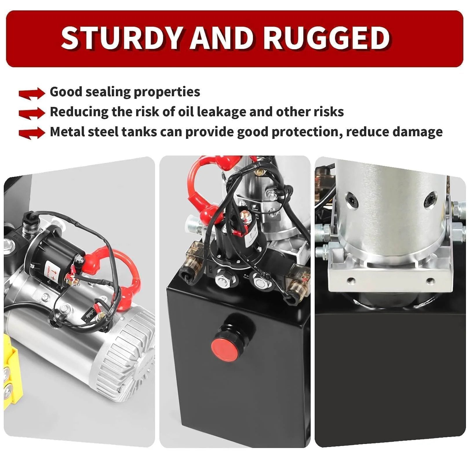 12V DC Hydraulic Power Device 10 Quart Single Acting Hydraulic Dump Trailer Pump close-up showing rugged steel housing