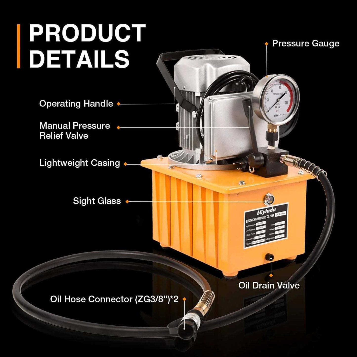 Hydraulic Electric Pump 8.4Quart 2.1Gallon Single Acting Manual Valve 8L hydraulic power pack with pressure gauge and operating handle.