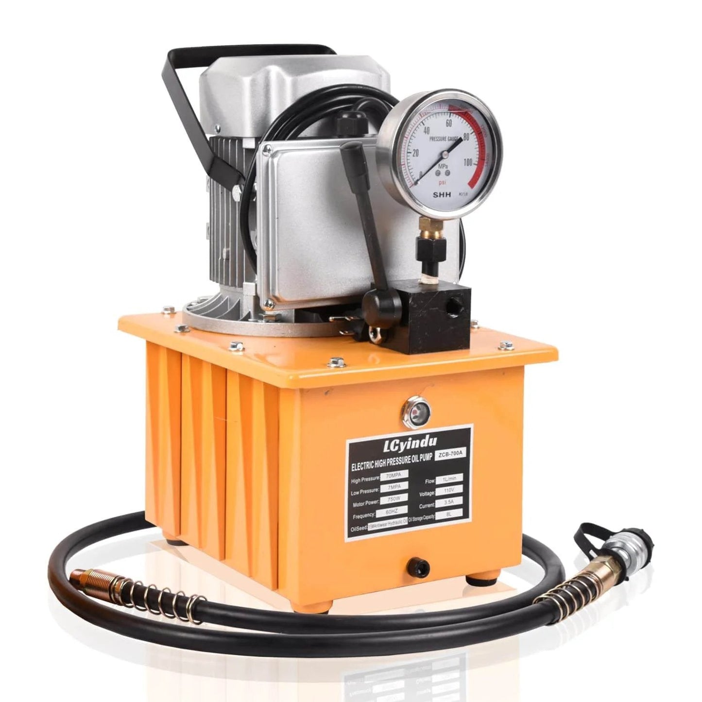 Hydraulic Electric Pump 8.4Quart 2.1Gallon Single Acting Manual Valve 8L power pack with gauge, hose, and aluminum body, ZCB-700A model.