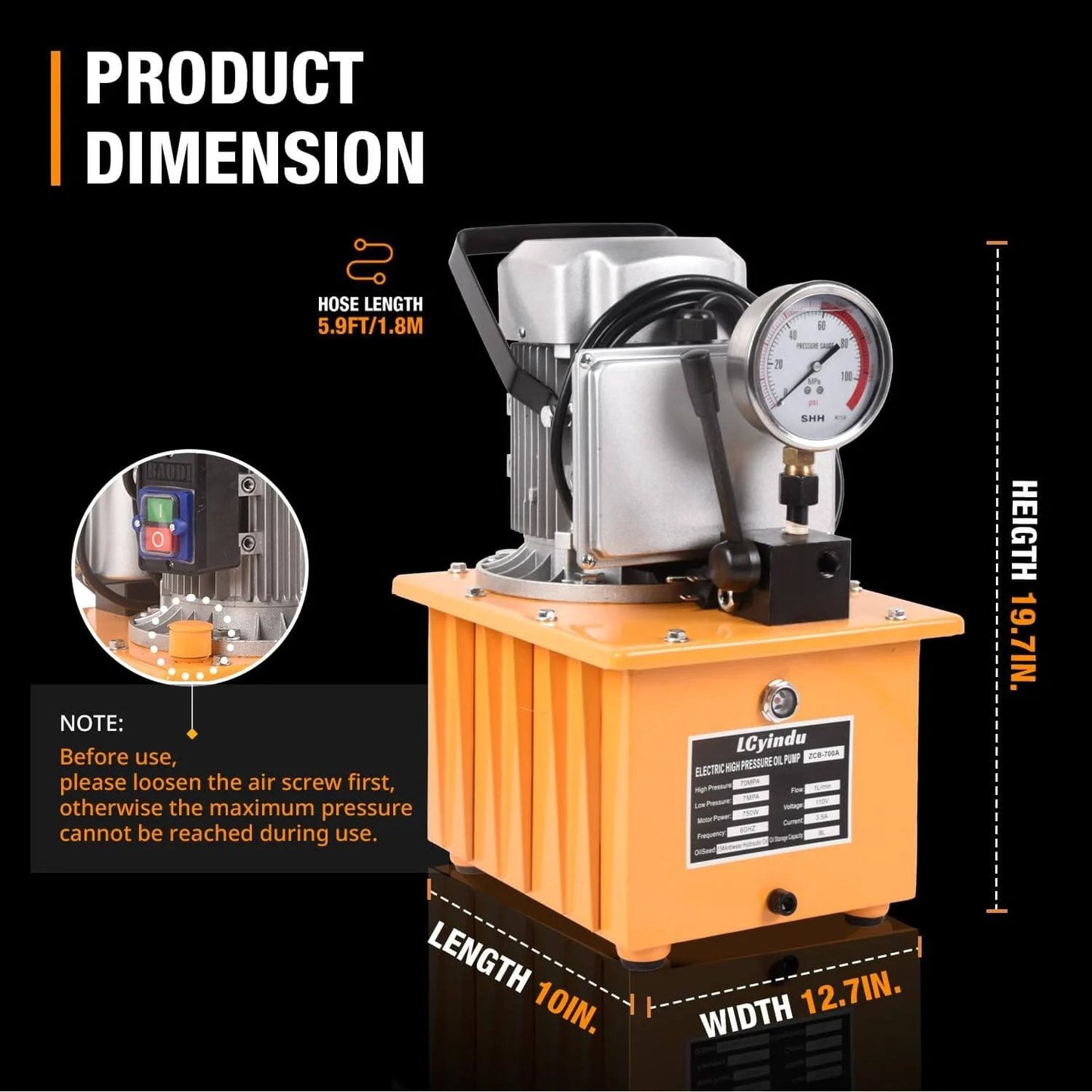 Hydraulic Electric Pump 8.4Quart 2.1Gallon Single Acting Manual Valve 8L Hydraulic Power Pack Cylinder shown with dimensions and pressure gauge