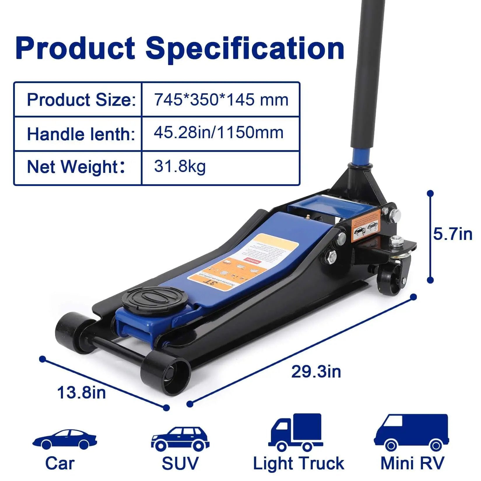 Low Profile 3 Ton Hydraulic Floor Jack With Dual Piston Quick Lift for Cars Trucks SUVs GarveeTech Lift, shown with dimensions.