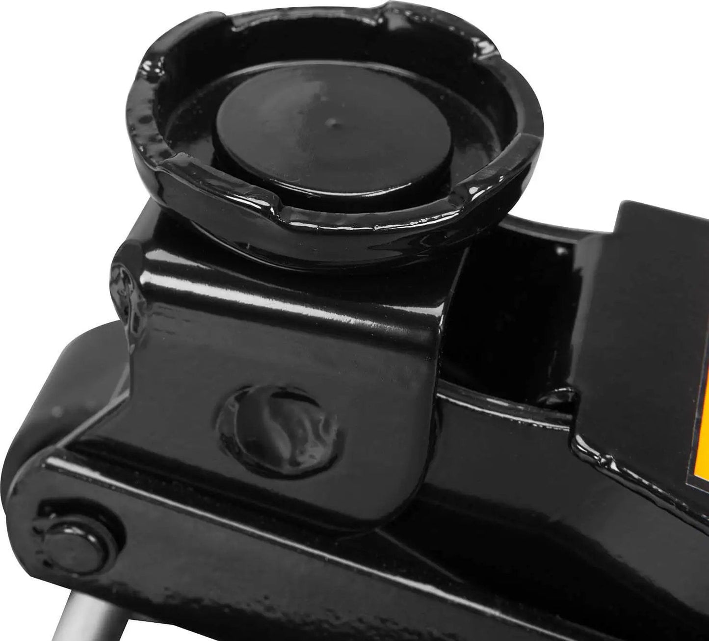 Close-up of Low Profile Hydraulic Floor Jack 2.5 Ton With Quick Lift Pump Trolley Style Beefy Heavy Duty Steel Build Black
