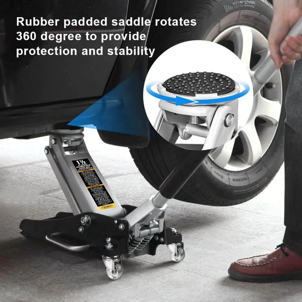 Low Profile Hydraulic Floor Jack With Dual Piston Quick Lift Pump In Aluminum And Steel Construction For Race Ready Performance, 1.5 Ton Capacity (3000 Lb), Black Finish, Ideal For Cars And Light Trucks, Torin TAM815016L lifting a car with rubber padded saddle.