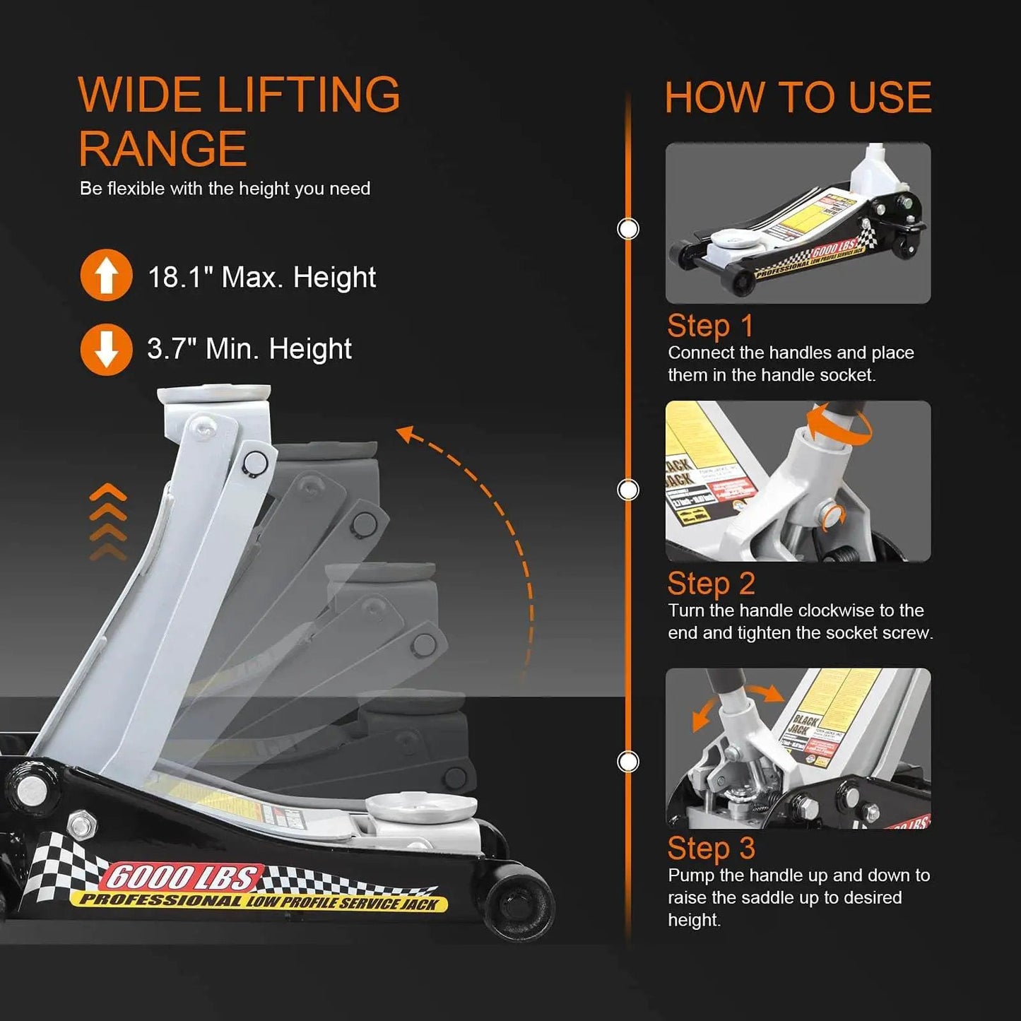 Diagram of Low Profile Hydraulic Floor Jack With Quick Lift Pump For Racing And Everyday Use Three Ton Capacity