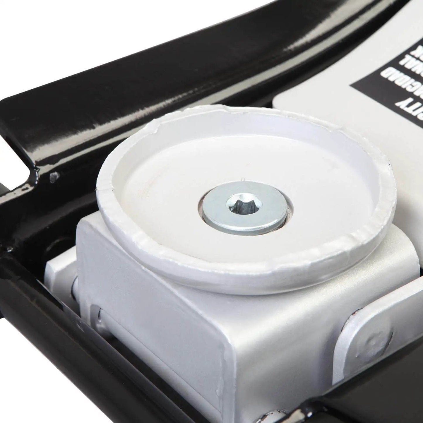 Close-up of black Low Profile Hydraulic Floor Jack With Quick Lift Pump For Racing And Everyday Use Three Ton Capacity