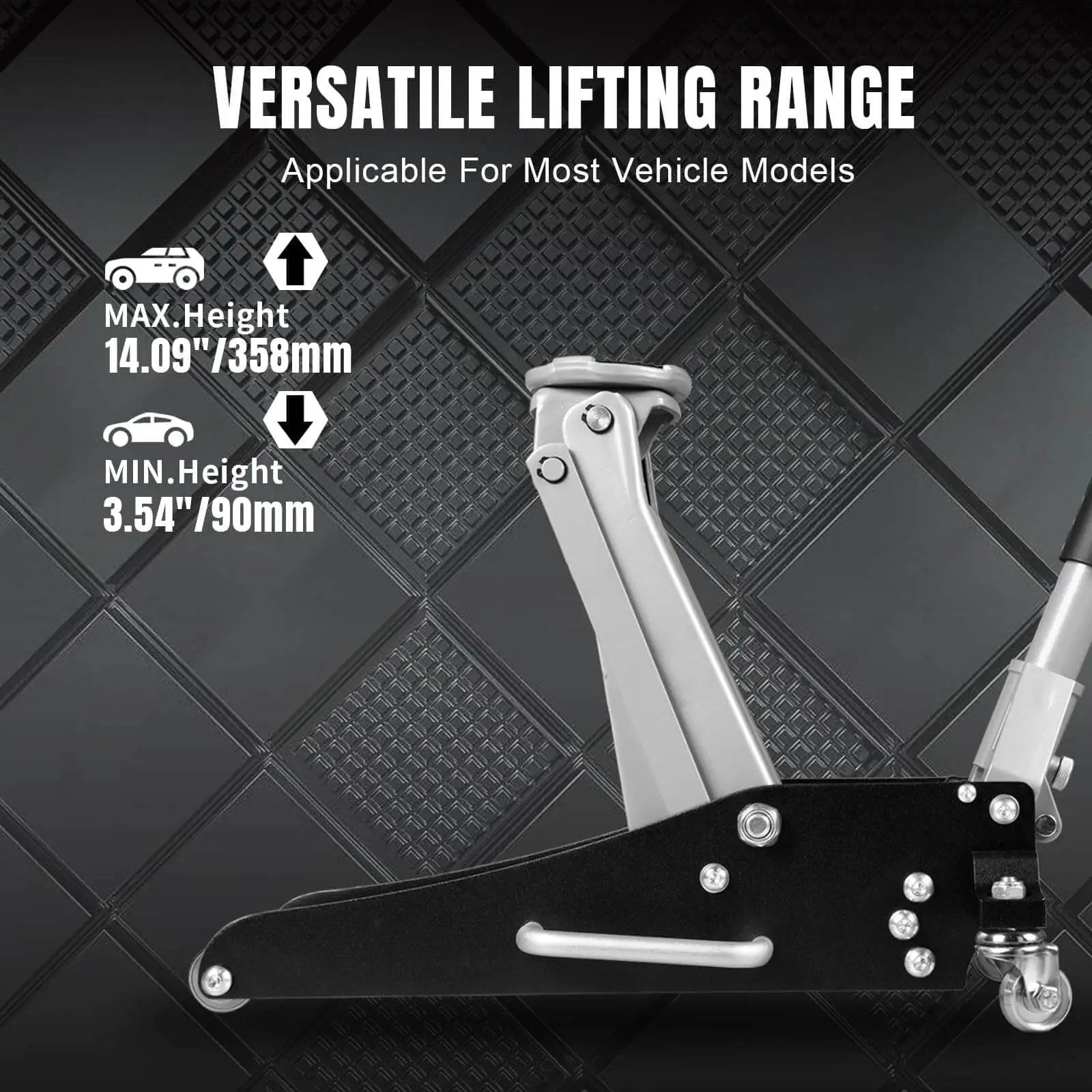 Low Profile Hydraulic Floor Jack With Dual Piston Quick Lift Pump In Aluminum And Steel Construction For Race Ready Performance, 1.5 Ton Capacity (3000 Lb), Black Finish, Ideal For Cars And Light Trucks, Torin TAM815016L side view with lifting range specifications.