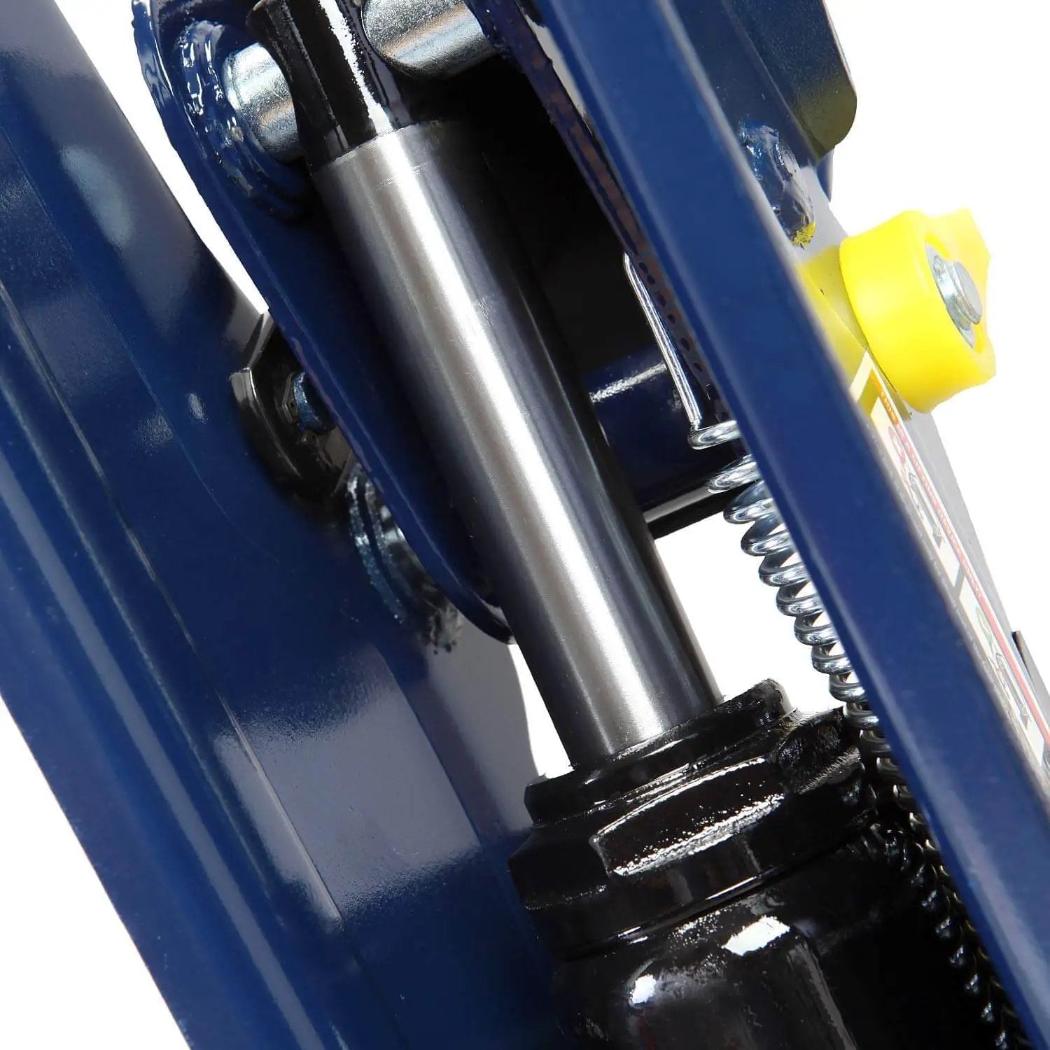 Close-up of Heavy Duty Two And A Half Ton Low Profile Hydraulic Trolley Floor Jack With Quick Lift Pump And Safety Bypass, blue finish.