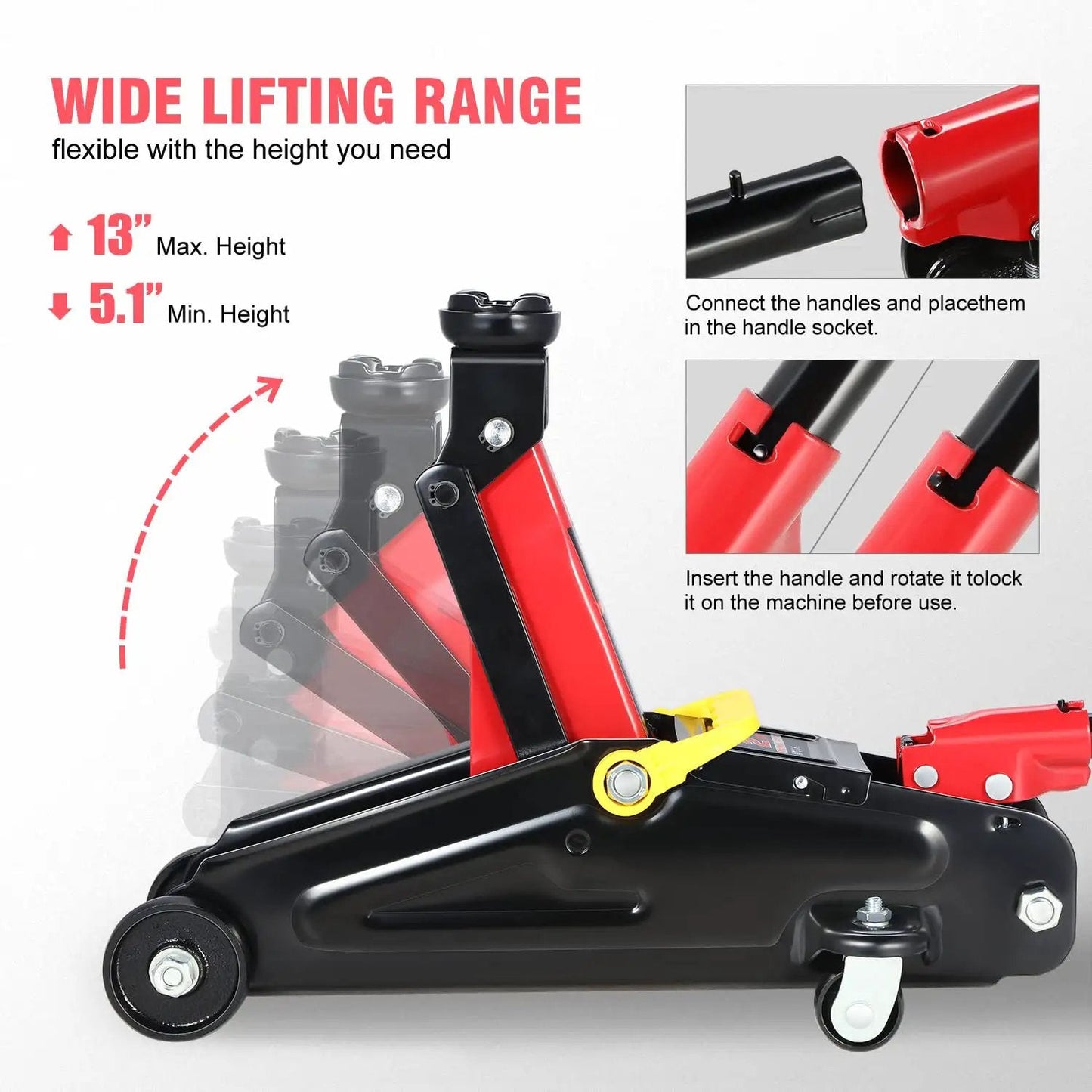 Low Profile Hydraulic Trolley Floor Jack 2 Ton Capacity 13 inch max lifting range diagrams