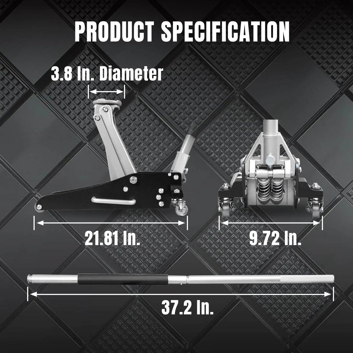 Dimensions of Low Profile Hydraulic Floor Jack With Dual Piston Quick Lift Pump In Aluminum And Steel Construction For Race Ready Performance, 1.5 Ton Capacity (3000 Lb), Black Finish, Ideal For Cars And Light Trucks, Torin TAM815016L.