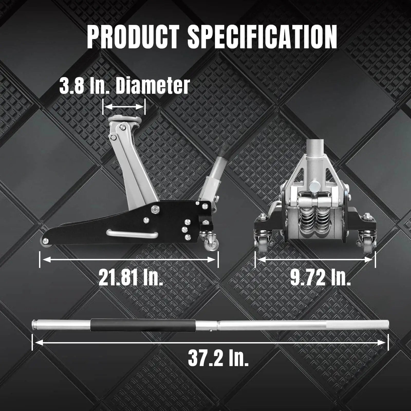 Dimensions of Low Profile Hydraulic Floor Jack With Dual Piston Quick Lift Pump In Aluminum And Steel Construction For Race Ready Performance, 1.5 Ton Capacity (3000 Lb), Black Finish, Ideal For Cars And Light Trucks, Torin TAM815016L.