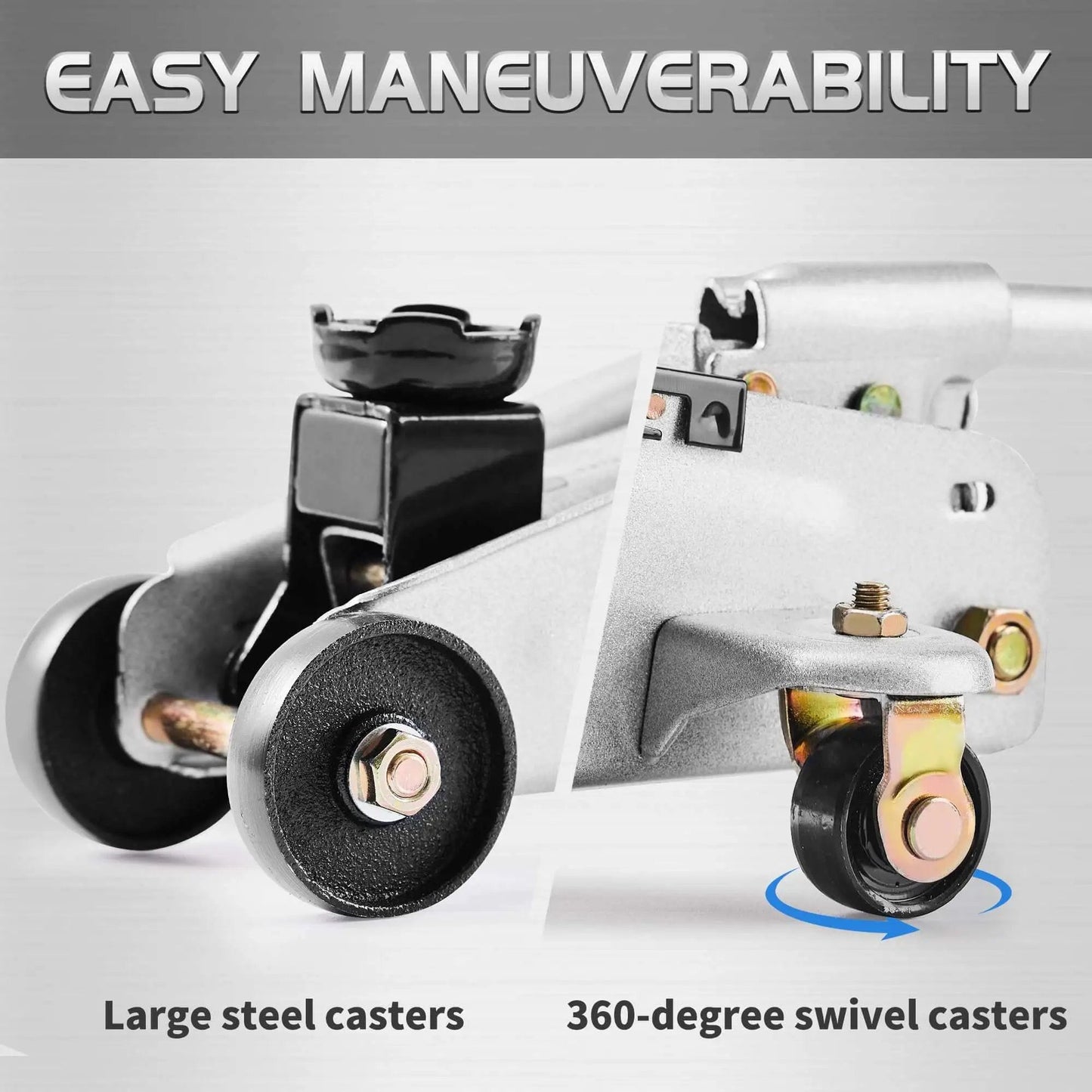 Close-up of the Heavy Duty 2 Ton Floor Jack With Safe Hydraulic Lift For Cars Portable Car Jack showing steel and swivel casters.