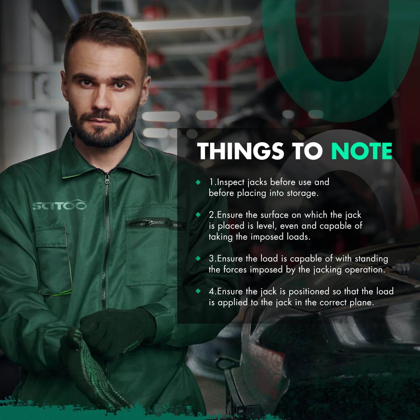 Person in green uniform next to text with safety instructions for using a hydraulic floor jack, with workshop background.