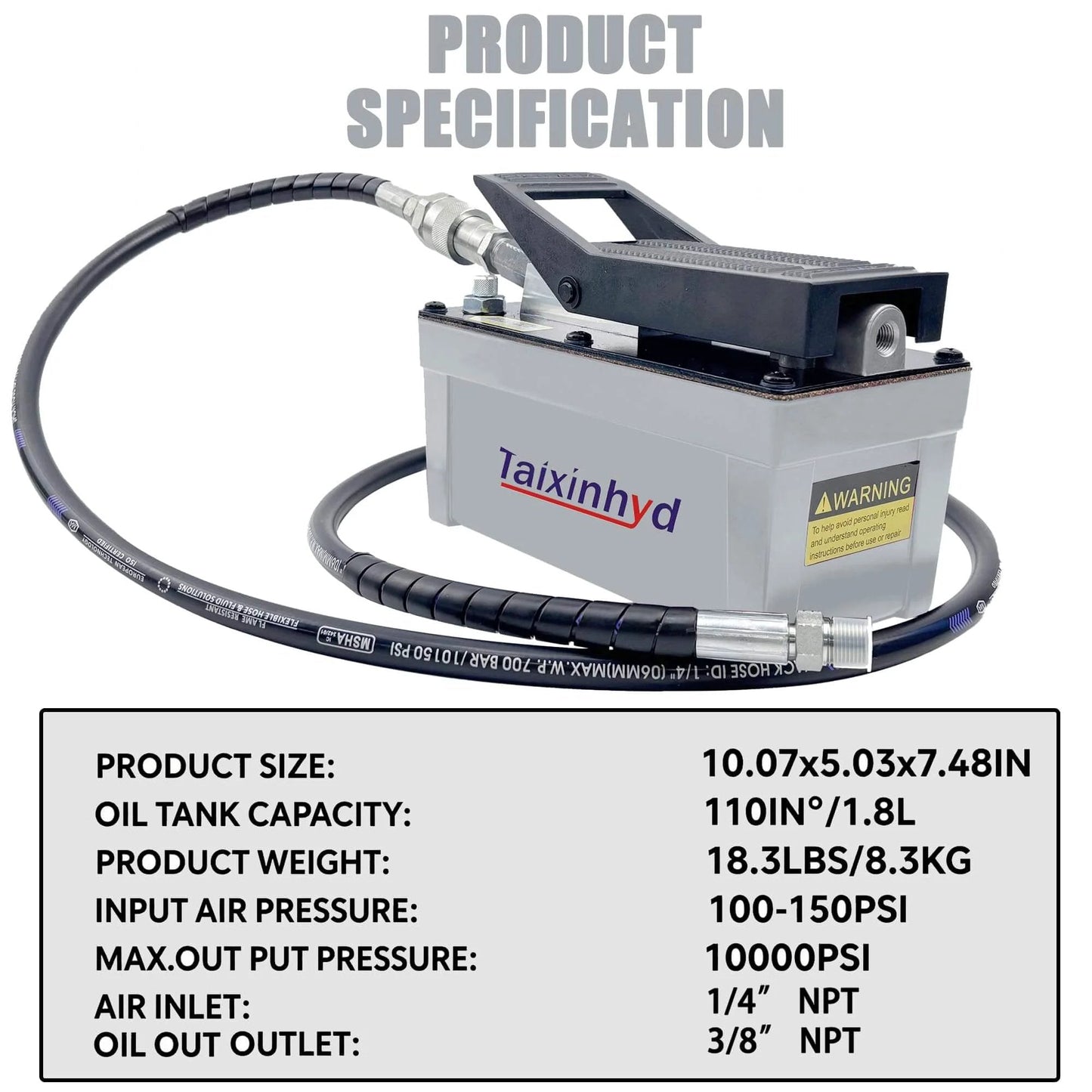 Taixinhyd Hydraulic Pump Air Hydraulic Foot Pump Aluminum Tank 98 CU.in 10000 PSI Air Actua Treadle Hydraulic Pump with Pipe, Grey