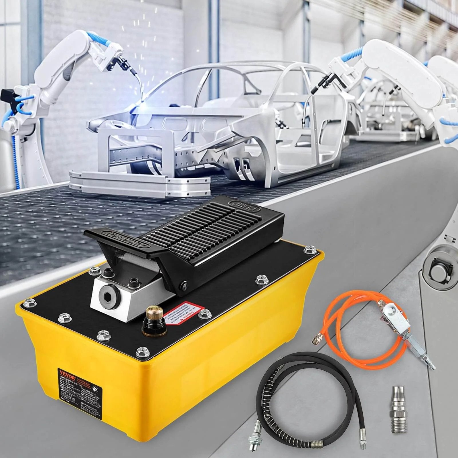 Air Hydraulic Pump, 10,000 PSI Hydraulic Foot Pump, 0.6 Gal Reservoir with hose and spray gun for auto body frame machines