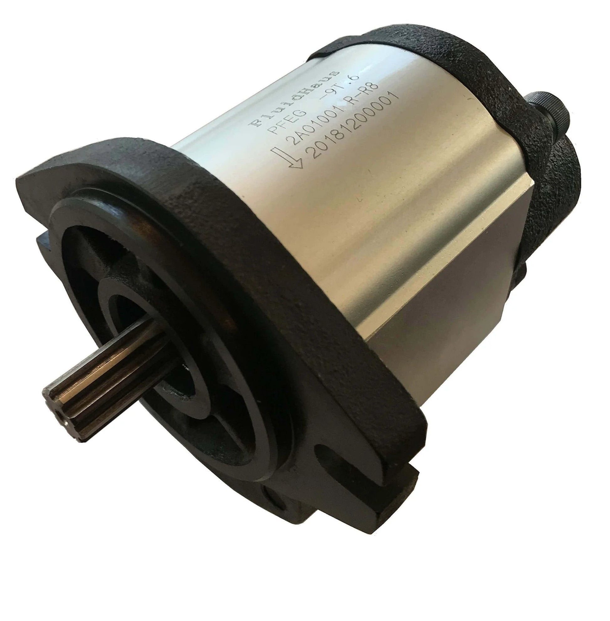 Hydraulic Gear Pump 20cc/rev (.122in3/rev) with SAE A flange and 9 Tooth Spline Shaft, rear ports visible side view