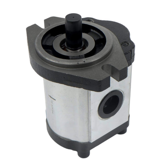 4-18GPM Hydraulic Gear Pump SAE A-2 Flange Cast Iron 9-Spline Shaft CW, angled view showing cast iron body and spline shaft.