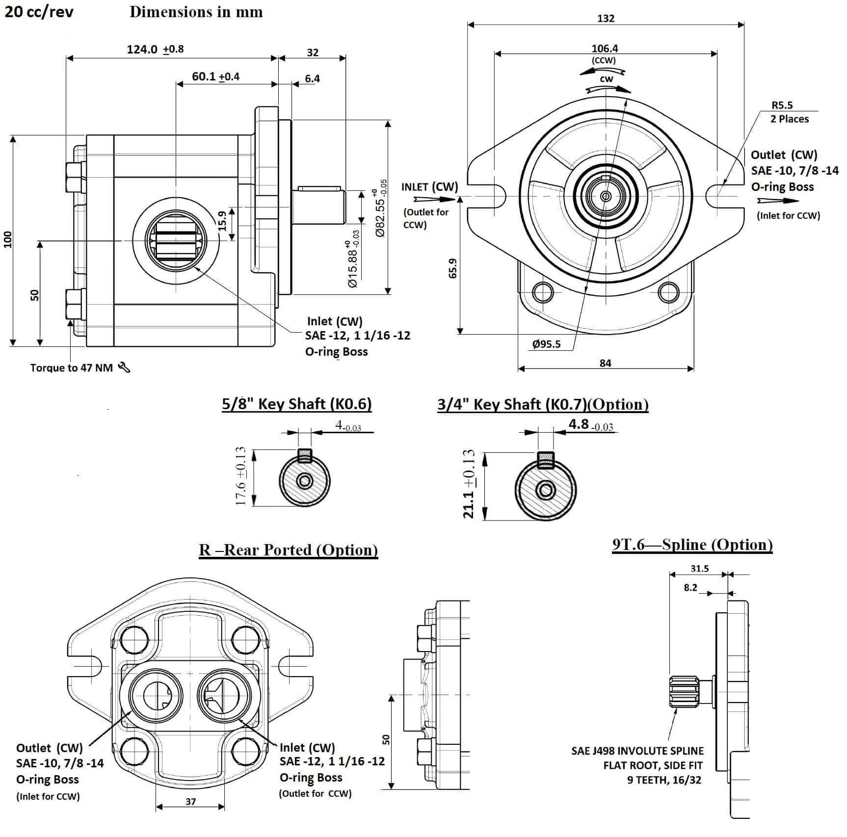 Technical diagram of Hydraulic Gear Pump 20cc/rev (.122in3/rev) 4-15gpm 39.4HP 3625psi SAE A flangeCW with dimensions and connections.