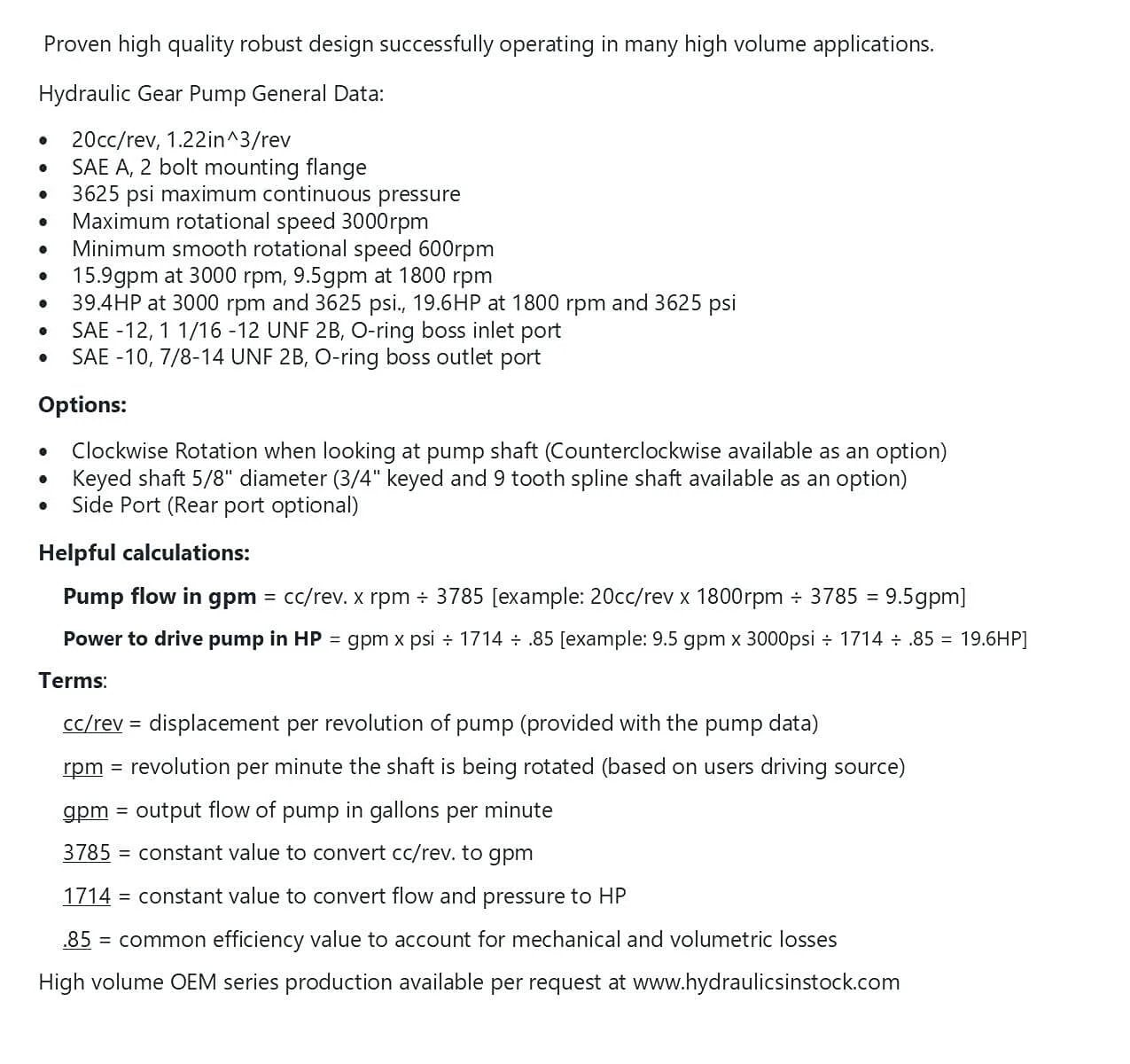 Technical specifications for Hydraulic Gear Pump 20cc/rev, SAE A flange, with details on flow rate, rotation, and PSI.