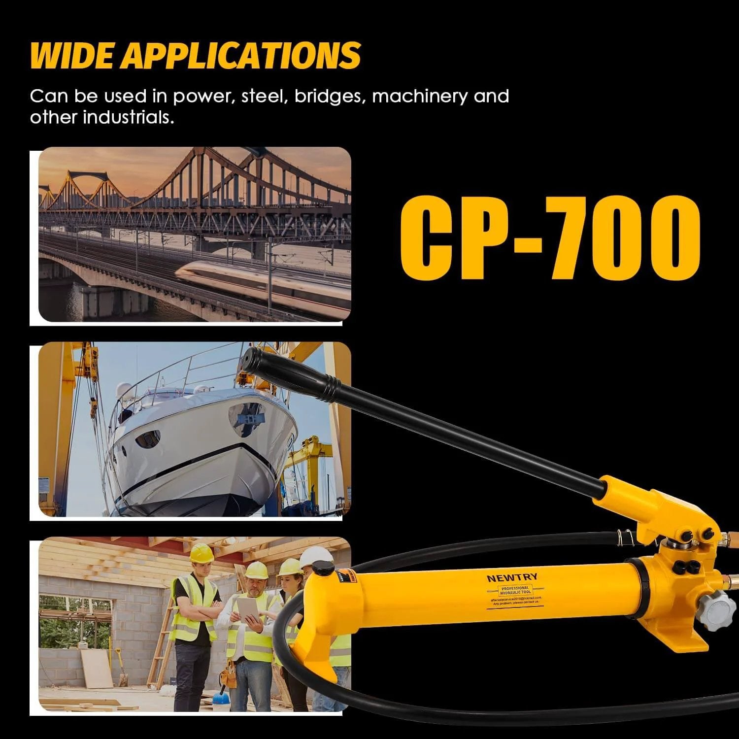 Image showing applications of NEWTRY Hydraulic Hand Pump CP-700 10000psi Manual Hydraulic Pump with construction and industrial scenes.