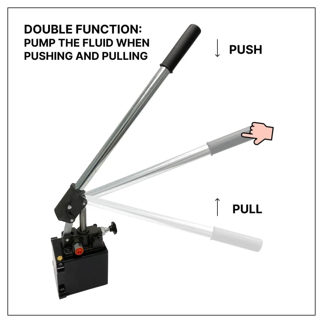 Magister Hydraulics Single Acting Hydraulic Hand Pump with 1 QTs Tank - Manual Hydraulic Pump demonstrating push-pull function