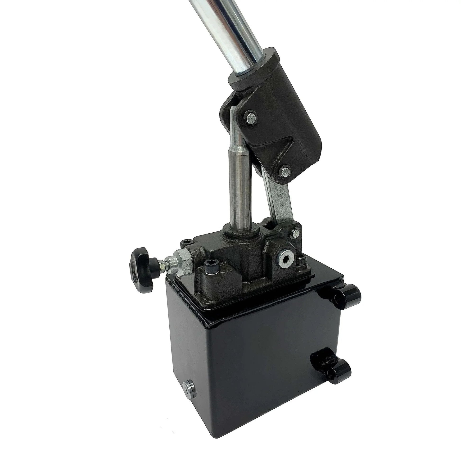 Close-up of Magister Hydraulics Single Acting Hydraulic Hand Pump with 1 QTs Tank, steel reservoir and 3/8" NPT ports.