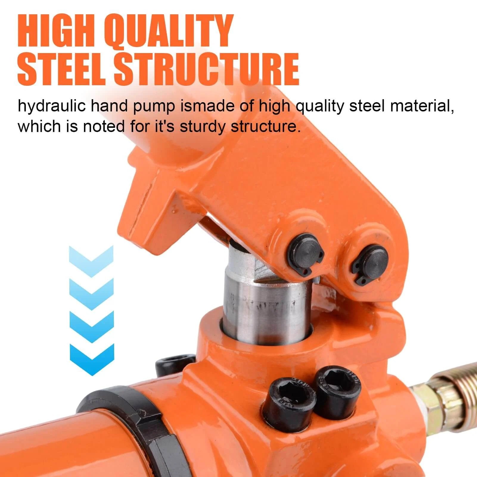 Close-up of orange hydraulic hand pump HZ-700 with steel structure focus, part of (1000psi) (HZ-700) Hydraulic Pump Hand Operated Pump.