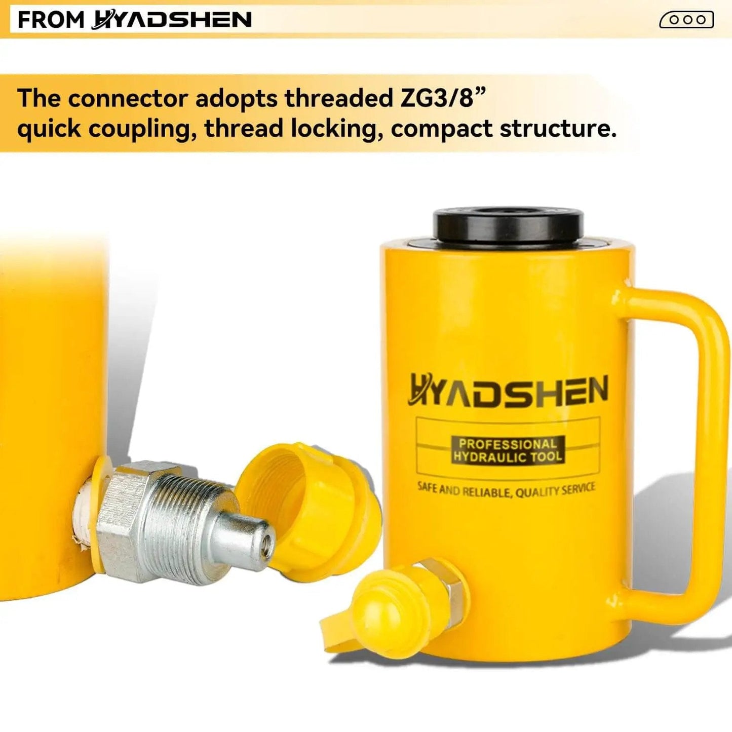 Side view of Beefy 30 Ton Hydraulic Hollow Cylinder Jack With 2 Inch Stroke For Heavy Duty Lifting In Machinery And Shipbuilding Industrial Hollow Ram Lift For Automotive Marine Fabrication And Repair HYADSHEN with connector