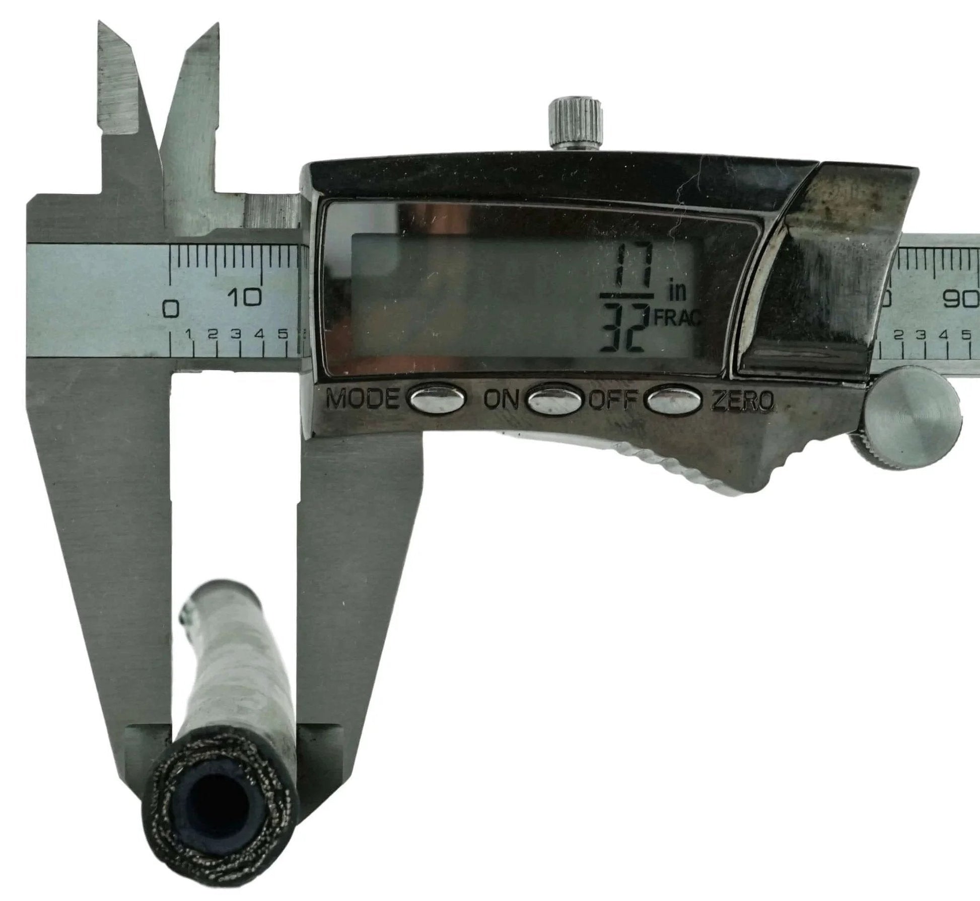 Caliper measuring Quarter Inch Hydraulic Hose Assembly Two Wire Braided With Quarter Inch Male Npt Fittings On Both Ends 4000 Psi Working Pressure Minus Forty To Two Hundred Fifty Seven Fahrenheit Abrasion Resistant Cover Machine Crimped At Both Ends Multiple Lengths