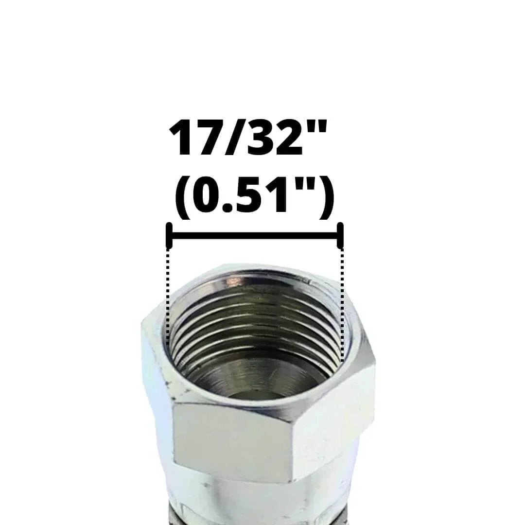 Close-up of crimped female JIC 37 degree fitting on Three Eighths Inch Hydraulic Hose Assembly 120 Inch Long Two Wire SAE 100R2AT