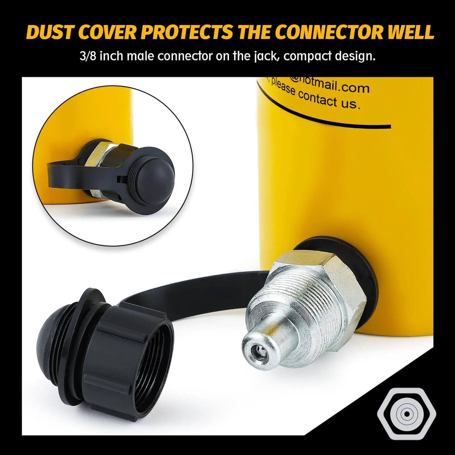 3/8 inch connector with dust cover on Beefy Twenty Ton Hydraulic Ram Jack With Eight Inch Stroke For Portable Industrial Lifting Multi Section Cylinder Built Tough For Auto Repair Construction And Shop Maintenance Three Eighth Inch Connector Newtry