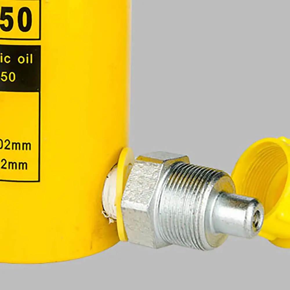 Close-up of yellow Beefy 50T Hydraulic Cylinder Jack With 50mm Stroke, corrosion-resistant metal, showing hydraulic oil inlet.