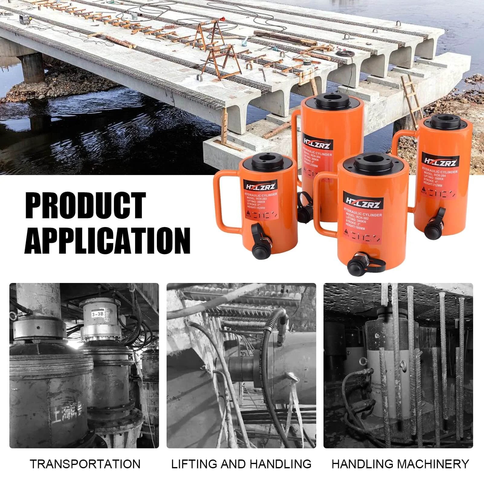 ✝️ 20T Hydraulic Cylinder Jack Hollow Single Acting Hydraulic Ram Cylinder, shown in lifting and handling applications, with images of transportation and machinery handling.