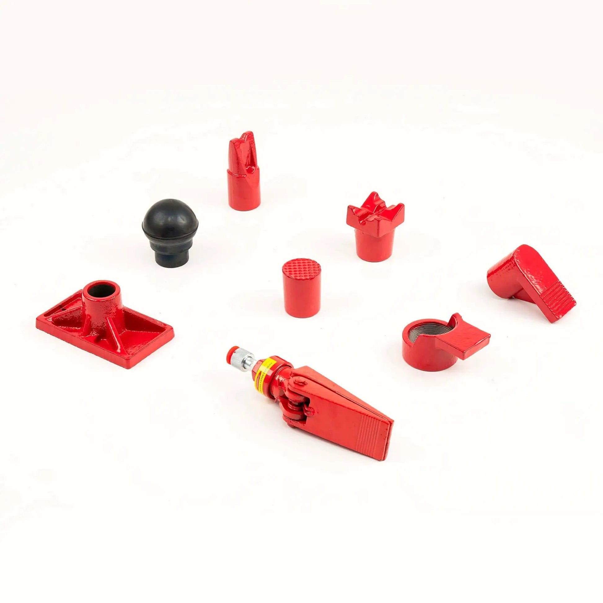 Powerful 12 Ton Porta Power Hydraulic Jack Kit components including red attachments for auto body frame repair