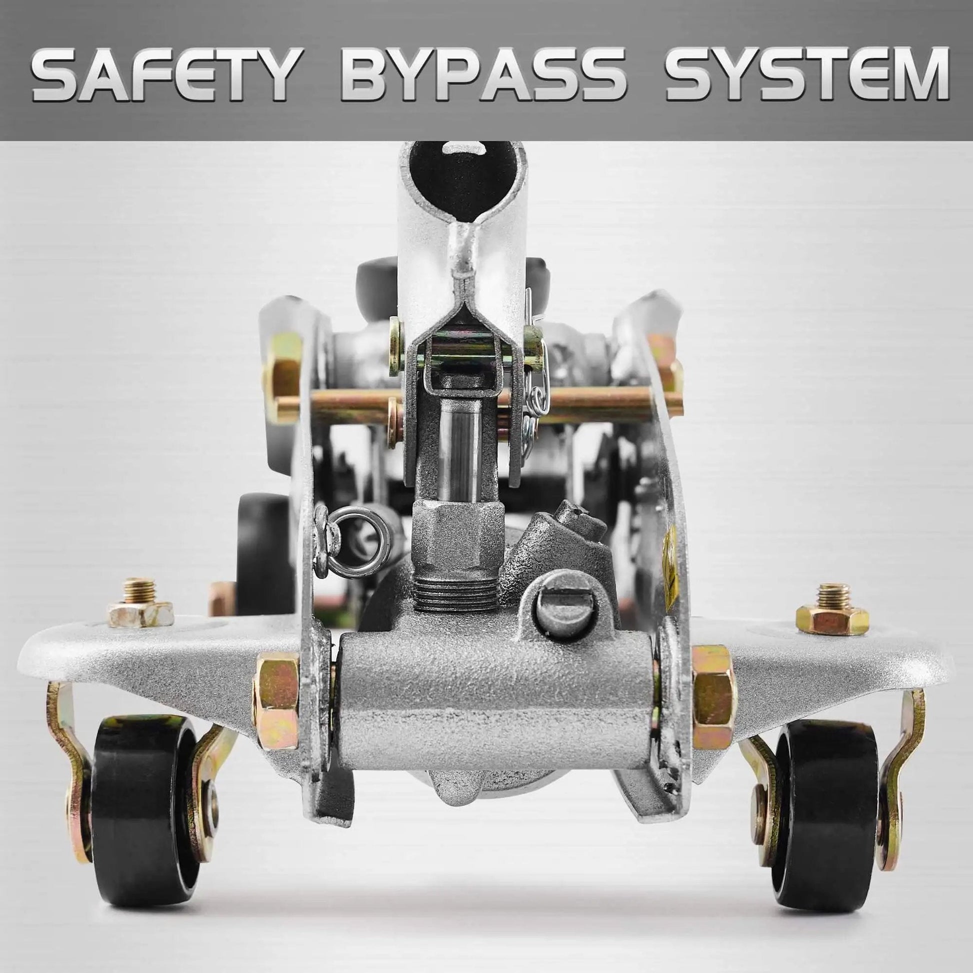 Close-up of the underside view of Heavy Duty 2 Ton Floor Jack With Safe Hydraulic Lift For Cars Portable Car Jack 4.9 To 11.8 Inch Lift 3800 Lb Capacity With Built In Safety Bypass Valve And Easy Maneuverability On Two Large Steel Casters TONDA showing steel structure and safety bypass system.