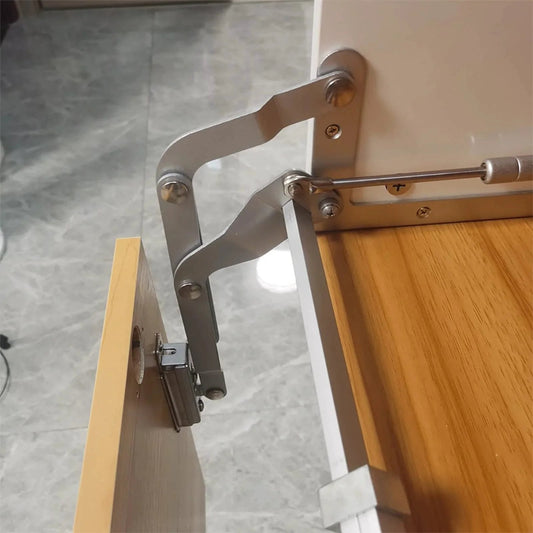 Kitchen Cabinet Door Flap Up Support Furniture Hinge with Lift Up Mechanism, installed on wooden cabinet, close-up view