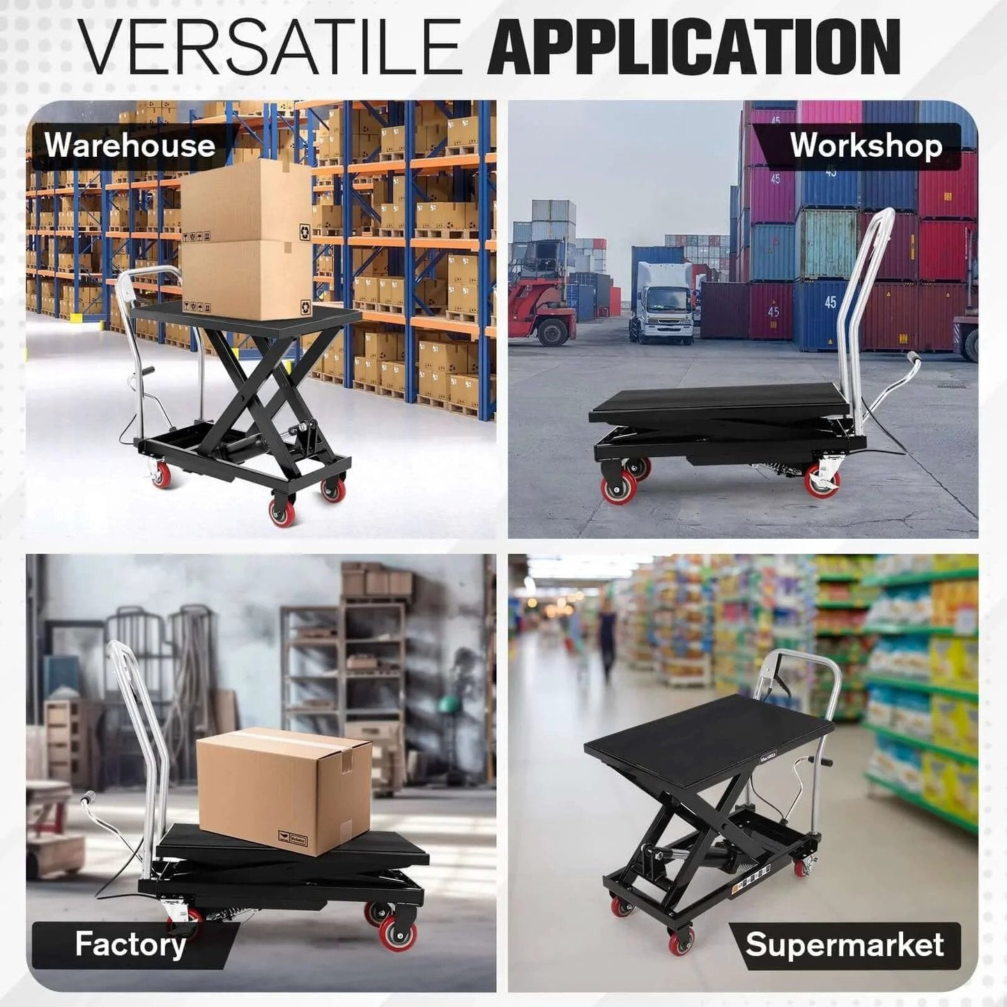 Hydraulic Lift Table Cart With Four Wheels 330 Lb Capacity Adjustable Height in warehouse, workshop, factory, supermarket settings.