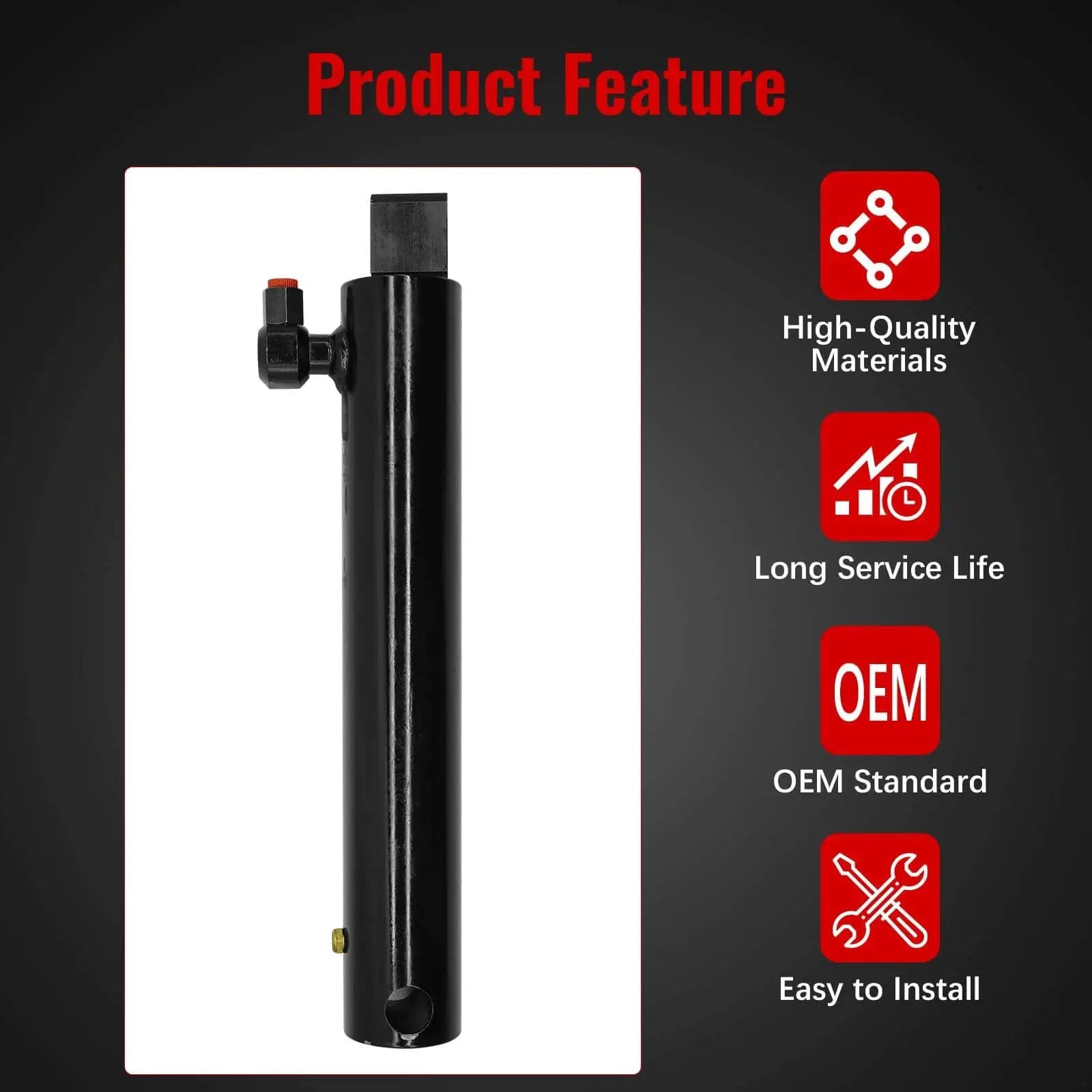 Hydraulic Lift Cylinder 000971 G2 Replacement For Tommy Gate, black cylinder with valve and features listed for truck bed hoists.