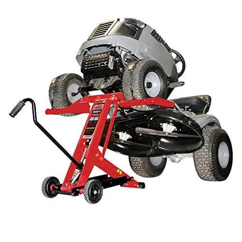 Heavy Duty Hydraulic Lift Jack For Zero Turn Radius Riding Mowers With 500 Pound Lift Locks Bar For Safer Deck Access Ideal For Front End Maintenance And Cleaning Compatible With EGO And Leading ZTR Mower Brands.