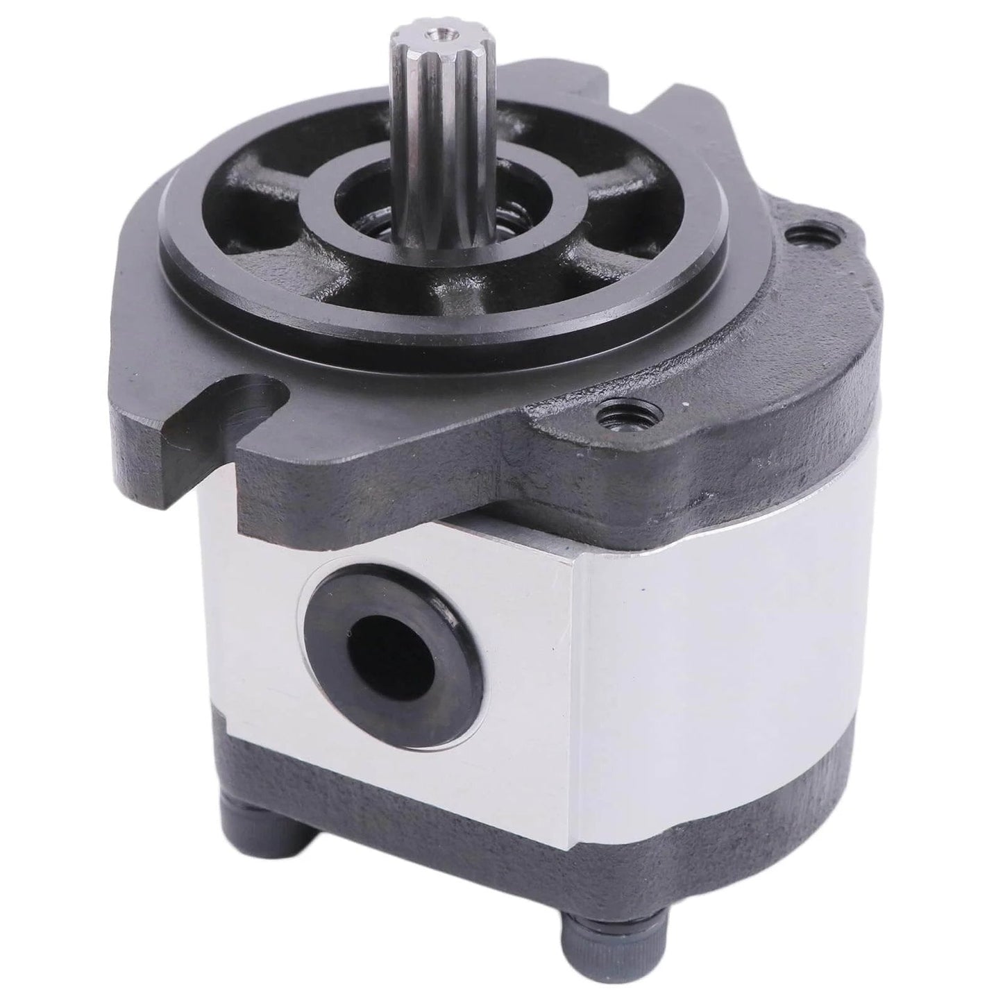 ✝️ Hydraulic Lift Pump 77981 77981GT Replacement for Genie Boom Lift, silver and black pump with gear shaft, front angle view