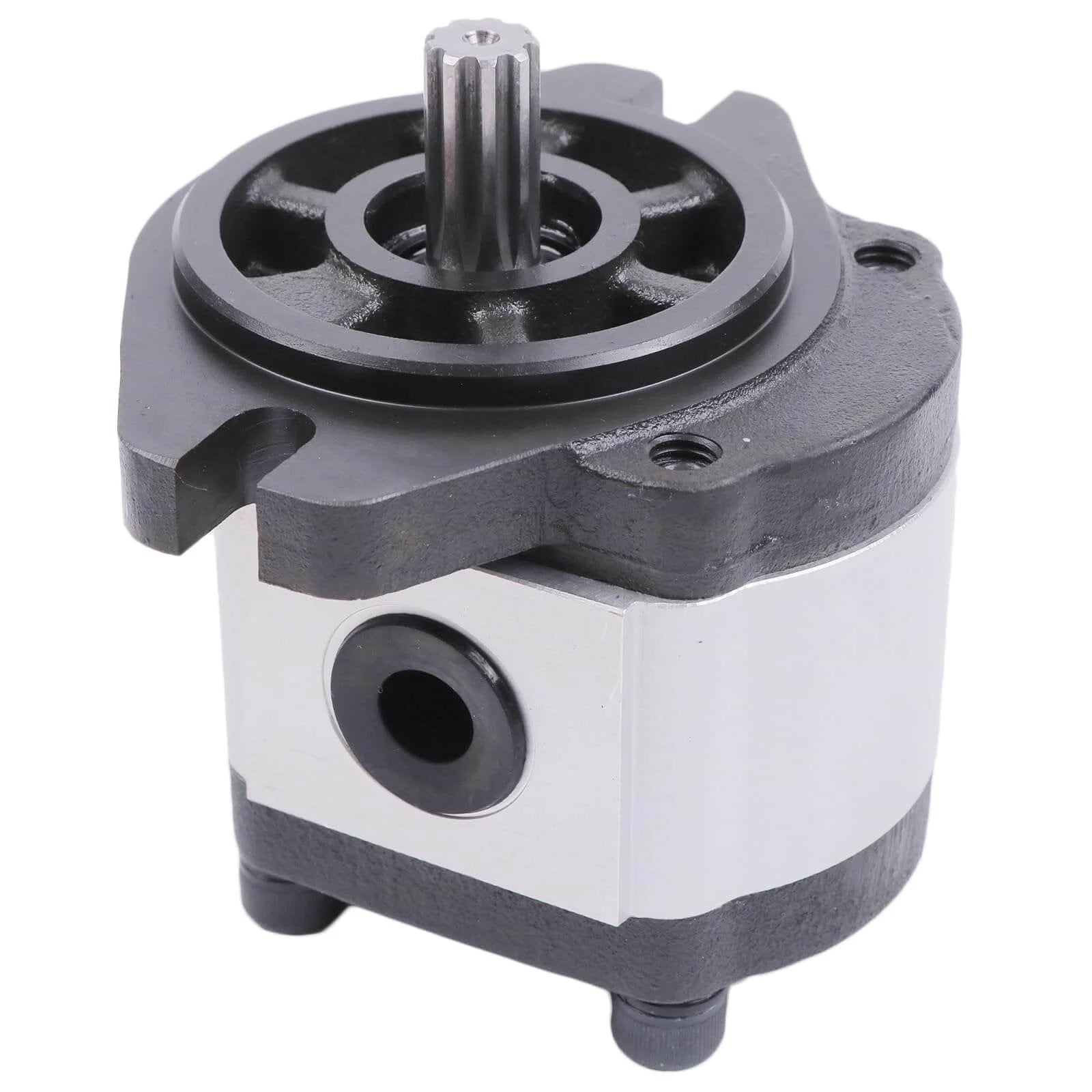 ✝️ Hydraulic Lift Pump 77981 77981GT Replacement for Genie Boom Lift, silver and black pump with gear shaft, front angle view