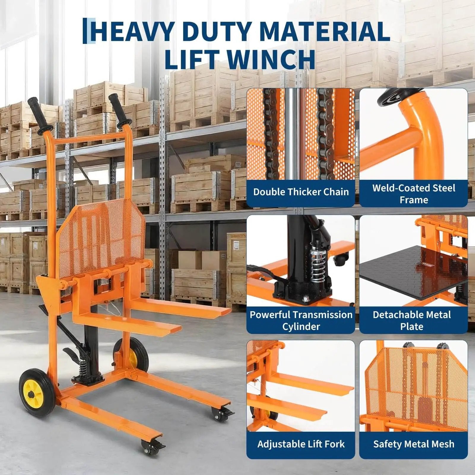 Hydraulic Material Lift With Removable Work Platform Pallet Truck Dolly A Real Workhorse Heavy Duty Winch Stacker With 450 Lb Capacity And 36 Inch Lift Adjustable Forks For Various Pallet Sizes Industrial Warehouse Lifting Solution in warehouse setting.
