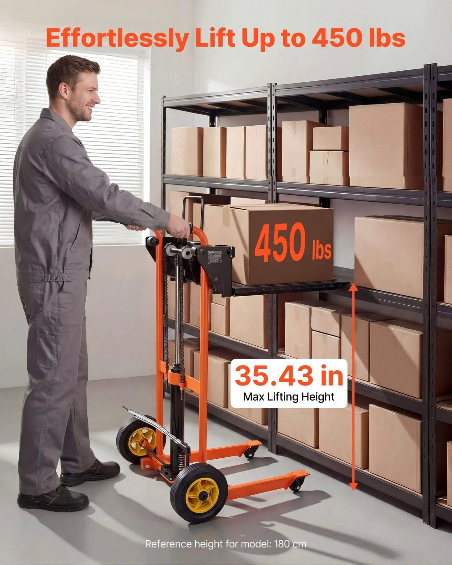 Man using Hydraulic Material Lift Winch Stacker With 450 Lb Capacity And 35.4 Inch Lift Height in warehouse, orange and black.
