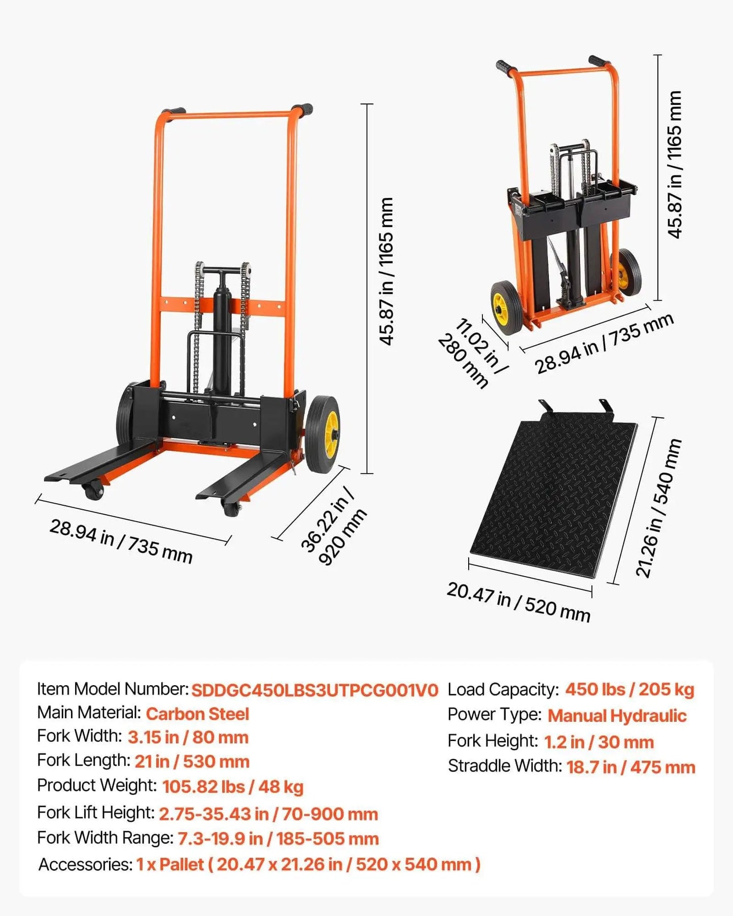 Hydraulic Material Lift Winch Stacker With 450 Lb Capacity And 35.4 Inch Lift Height, Foldable Portable Pallet Jack Table Cart, Orange And Black