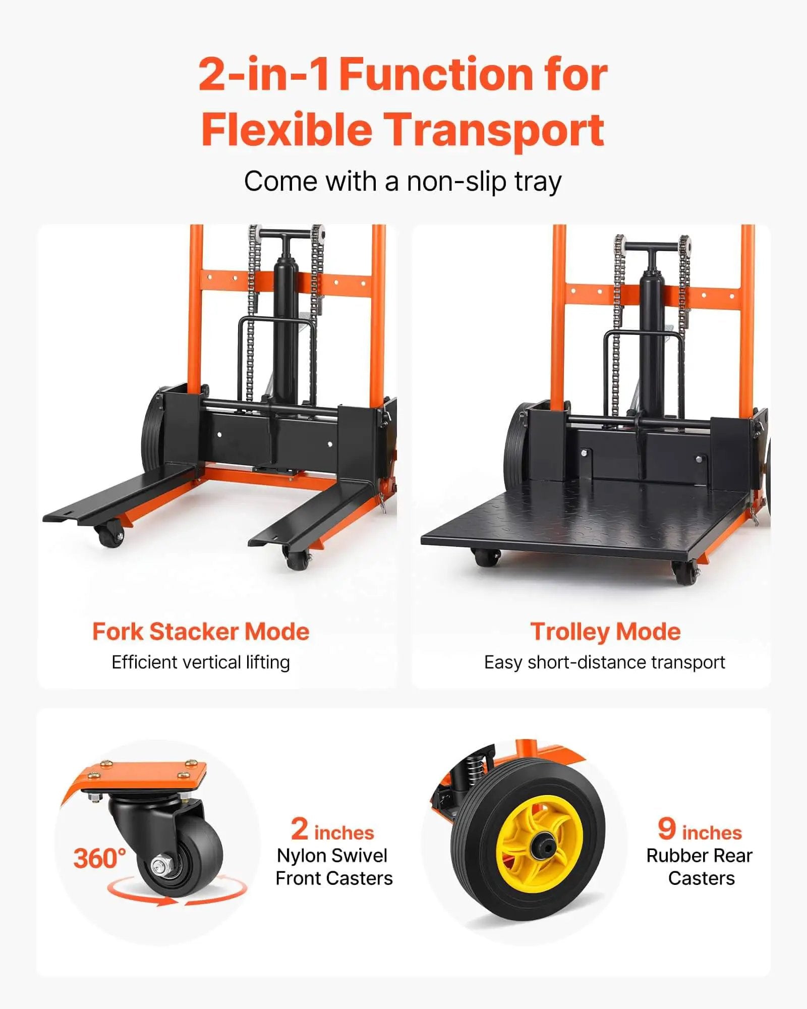 Hydraulic Material Lift Winch Stacker With 450 Lb Capacity And 35.4 Inch Lift Height, Foldable Portable Pallet Jack in fork and trolley modes, orange and black design, close-up of swivel front and rear casters.