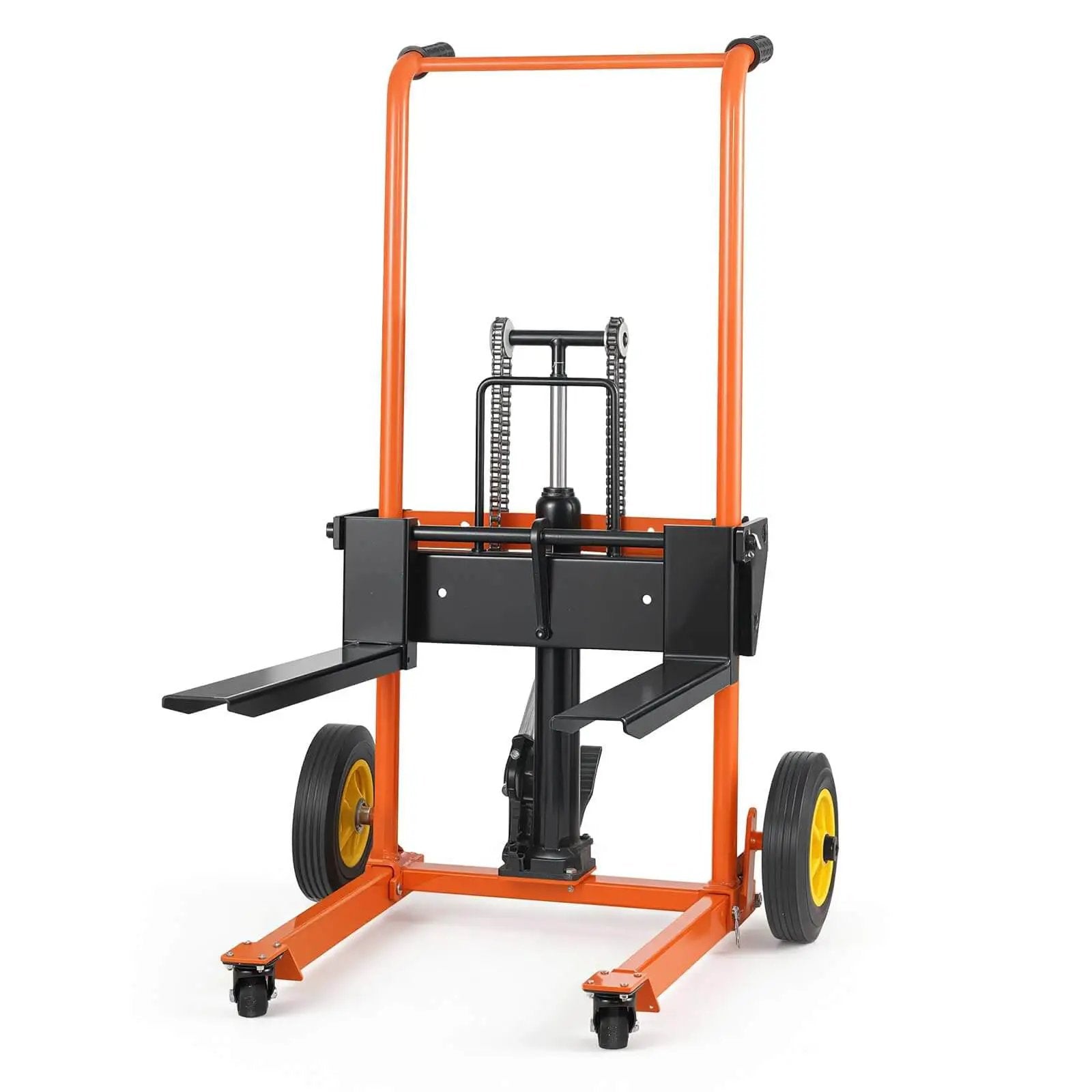 Front view of Hydraulic Material Lift Winch Stacker With 450 Lb Capacity And 35.4 Inch Lift Height, foldable, orange and black.