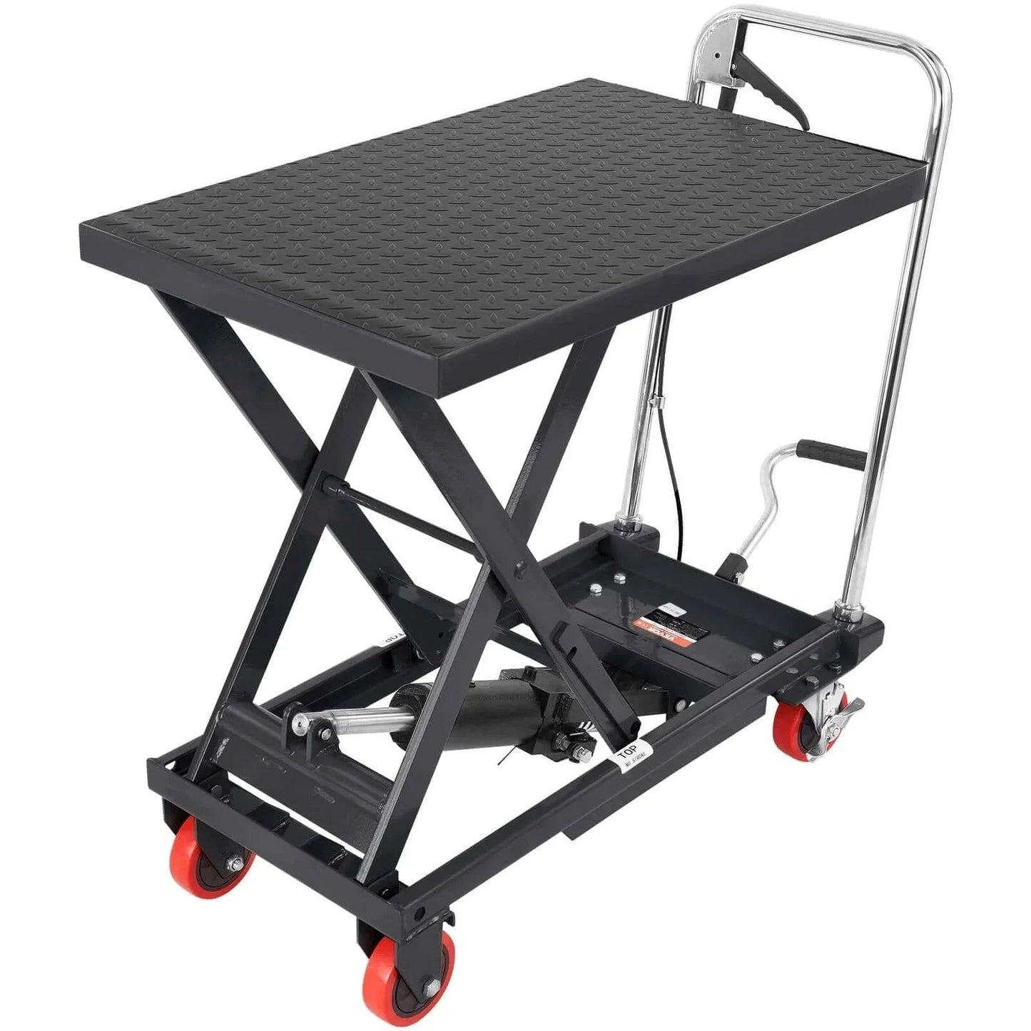 Hydraulic Lift Table Cart 500 Lb Capacity With 28.5 Inch Lift And Four PU Wheels For Safe Material Handling in black steel frame.
